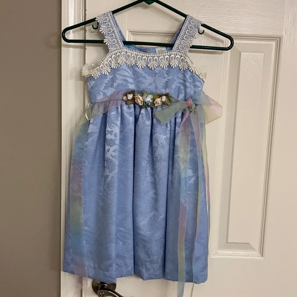 Fancy dress blue w/ lace & lace tie & flowers FLOWER GIRL QUINCINERA SISTER